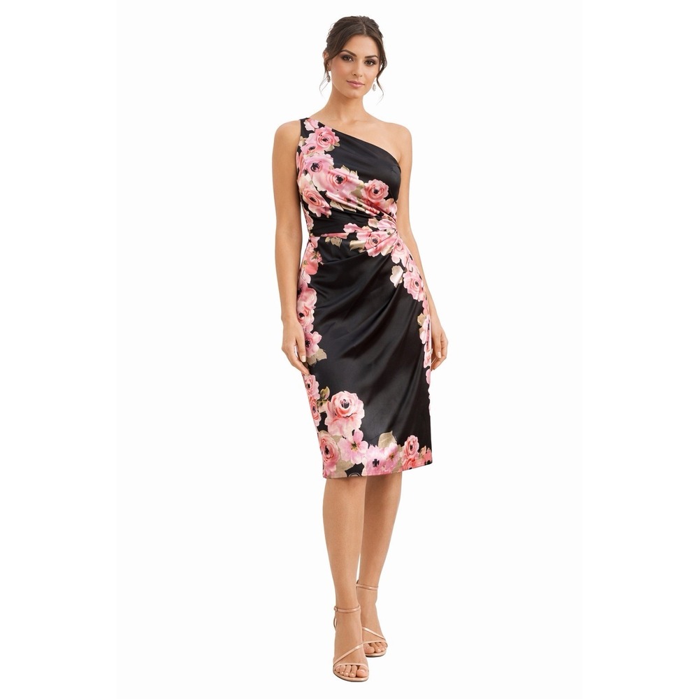 MAGGIE LONDON  4 Black Floral Satin One Shoulder‎ Ruched Dress spring wedding